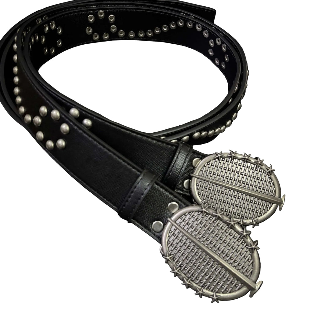 Y2K Wasteland Punk Belt Vintage Silver Studded Oval Star Buckle Waist