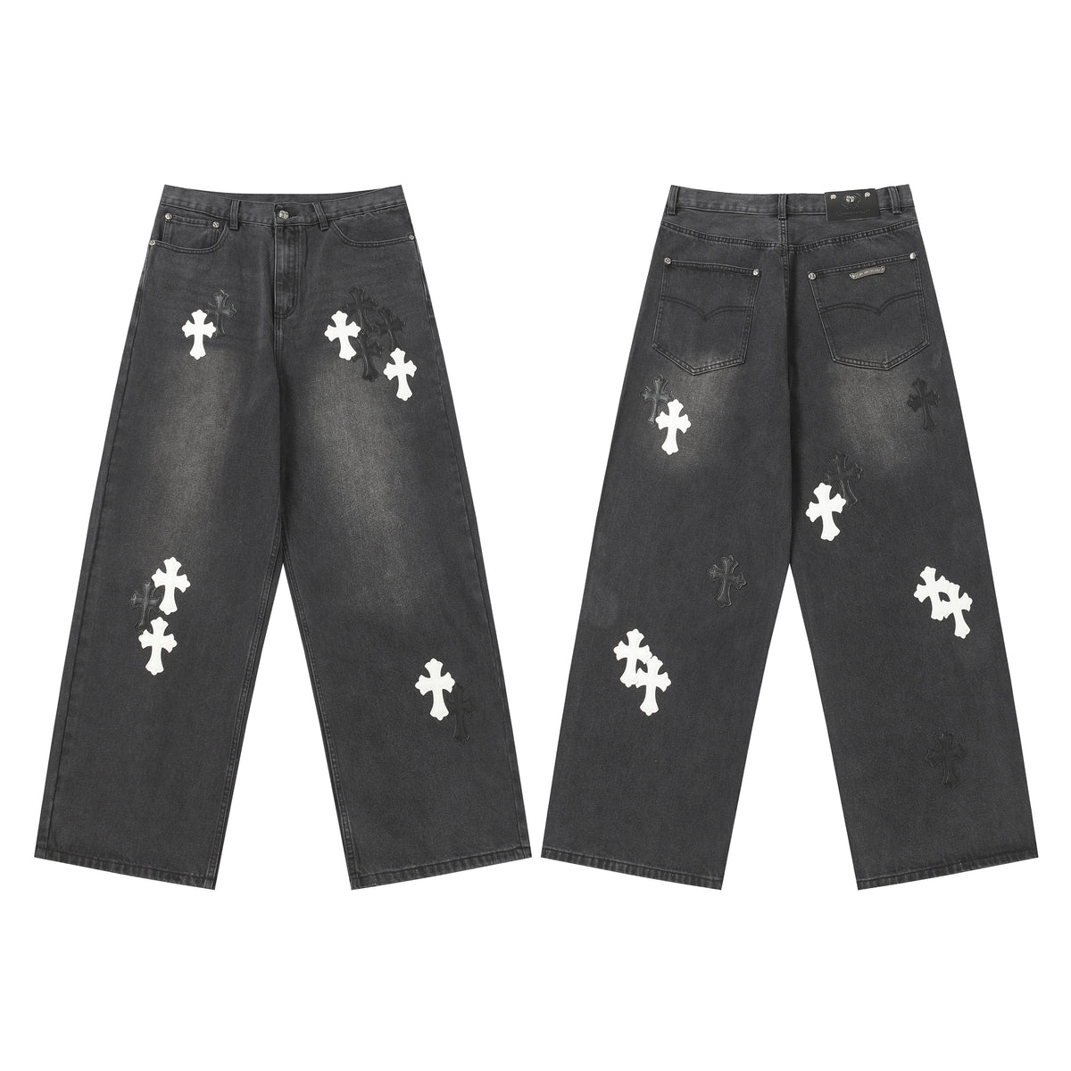 Chrome Hearts White & Black Leather Cross Patches Jeans