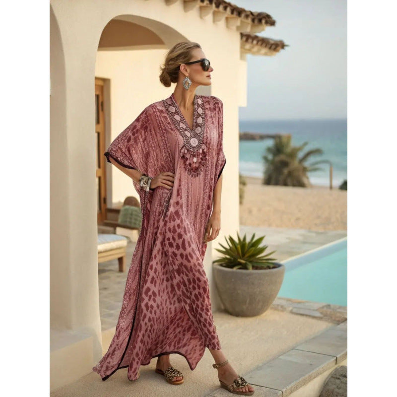 Boho Abstract Print V-Neck Batwing Maxi Kaftan Beach Cover-Up