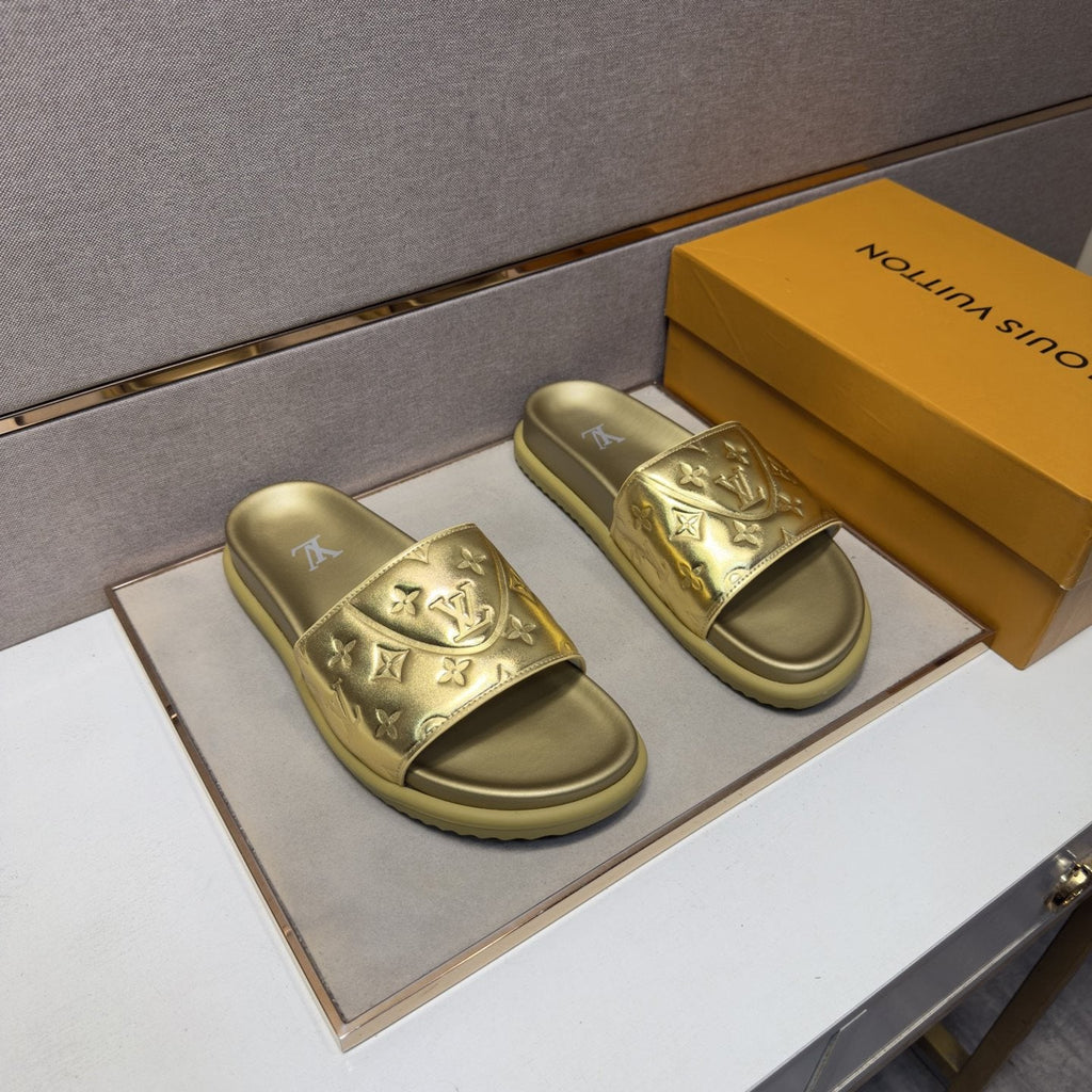 Louis Vuitton Men's Embossed Strap Slide Sandals - Textured Tread Outsole