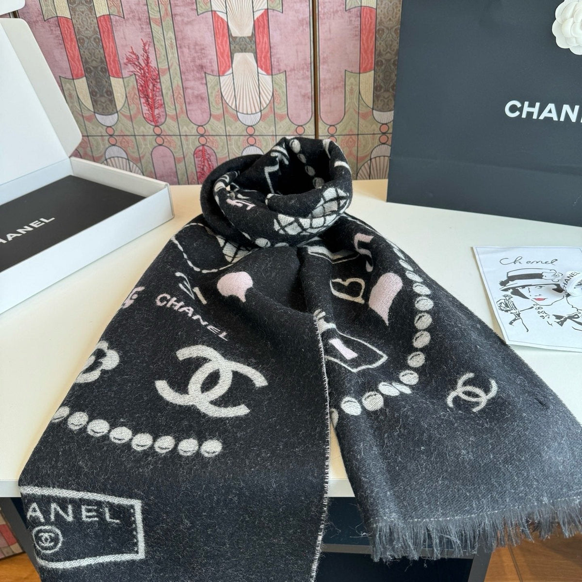 Chanel Pearl Motif Fringe Scarf